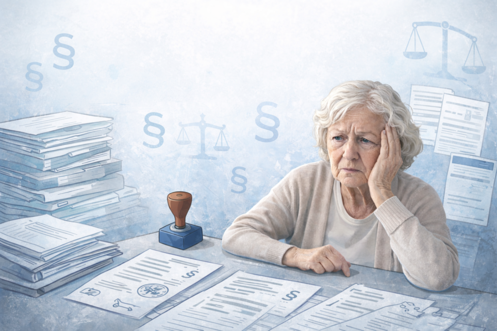 Starsza osoba siedzi nad stertą dokumentów