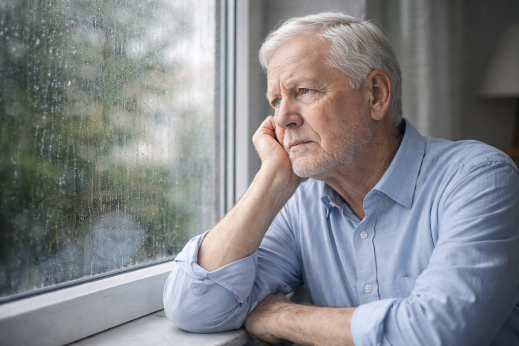 starszy samotny mężczyzna patrzy przez okno