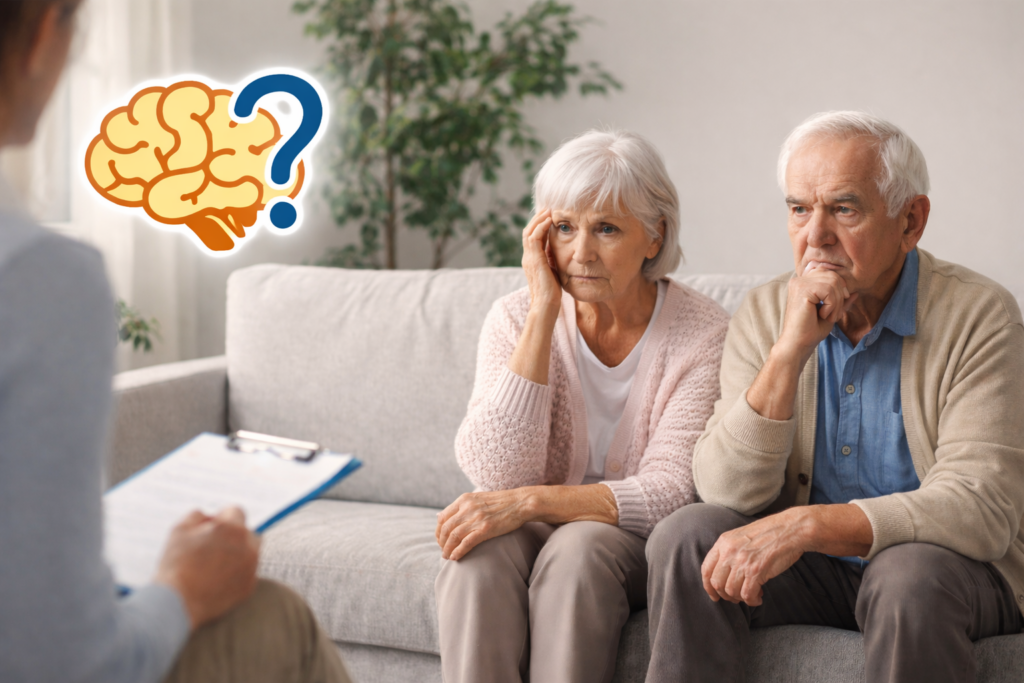 Starsza kobieta i mężczyzna siedzący obok siebie, symbol mózgu z znakiem zapytania – ilustracja wątpliwości, czy problemy z pamięcią to demencja czy naturalne starzenie się.