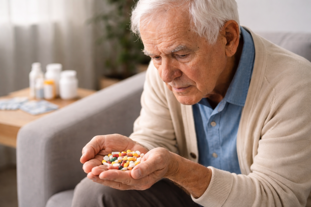 Starszy mężczyzna trzymający w dłoni kilka tabletek przed ich zażyciem – ilustracja problemu przyjmowania wielu leków przez seniora.