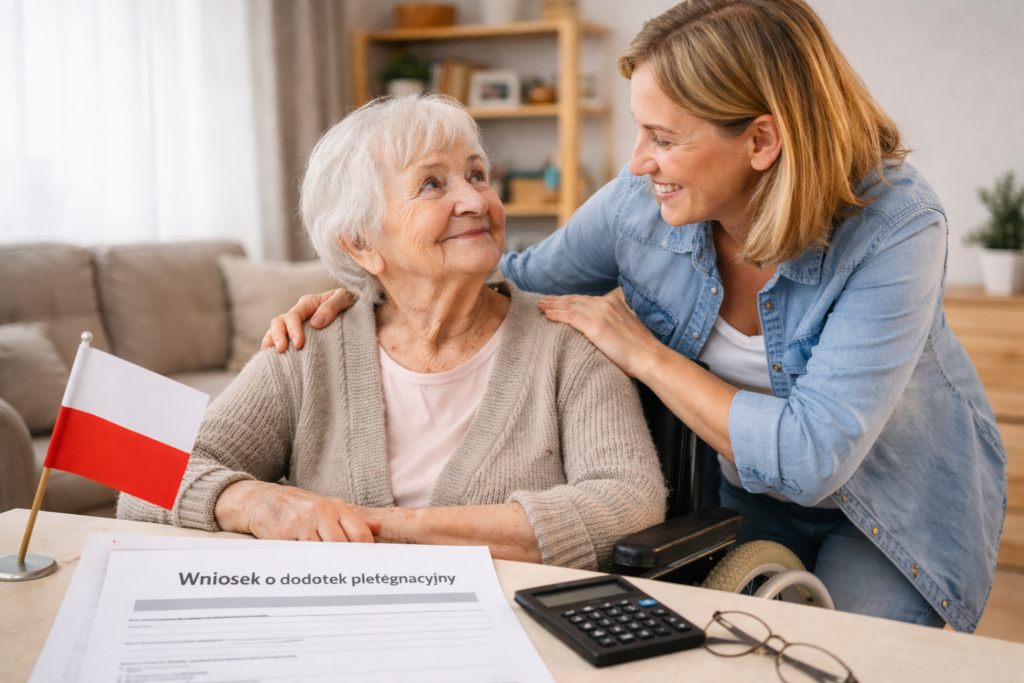 Starsza kobieta siedząca na wózku inwalidzkim rozmawia z dorosłą córką przy stole, na którym leży wniosek o dodatek pielęgnacyjny; scena domowa, spokojna atmosfera, wsparcie seniora.