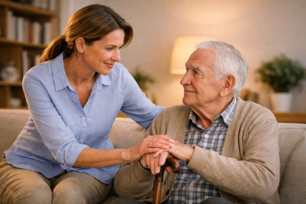 Dorosła córka rozmawia spokojnie z seniorem, okazując wsparcie i szacunek bez przejmowania kontroli.