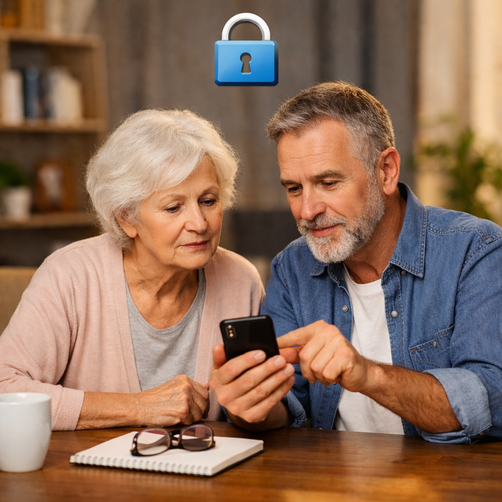 Starsza kobieta i dorosły mężczyzna siedzą przy stole i wspólnie oglądają ekran smartfona; ilustracja przedstawia spokojne zabezpieczanie telefonu seniora przed oszustwami i niebezpiecznymi wiadomościami.