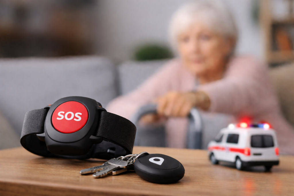 Opaska SOS z przyciskiem alarmowym leżąca na stole, w tle starsza kobieta z chodzikiem w domowym wnętrzu