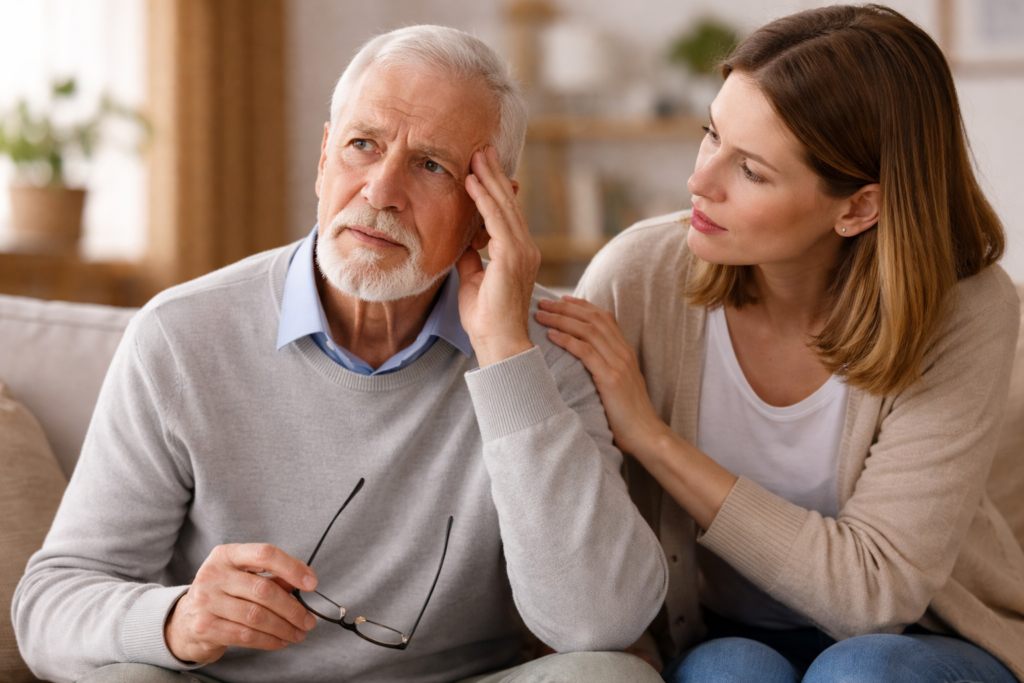 Starszy mężczyzna rozmawiający z dorosłą córką w domu – sytuacja, gdy ojciec powtarza te same pytania