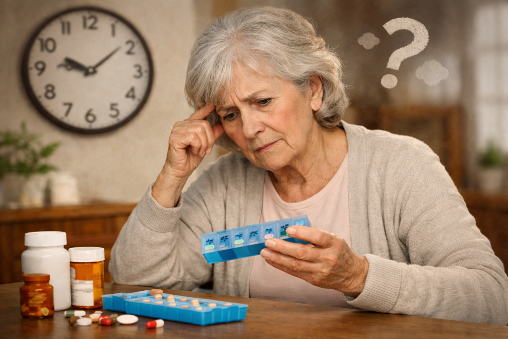 Starsza kobieta siedząca przy stole patrzy z niepewnością na organizer z lekami, próbując ustalić, które tabletki powinna przyjąć.