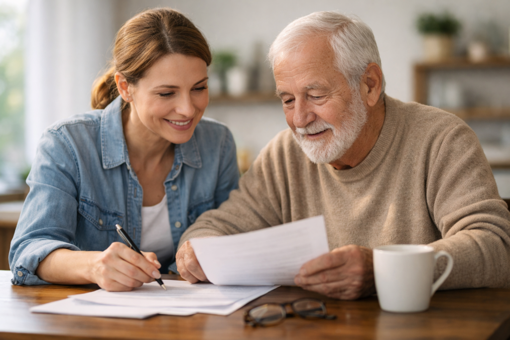 Alt: dorosłe dziecko rozmawia z rodzicem o pełnomocnictwie przy stole w domu