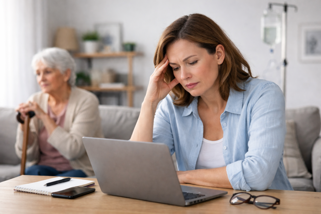 Przeciążona opiekunka pracująca przy laptopie, w tle starsza matka – łączenie pracy z opieką nad rodzicem