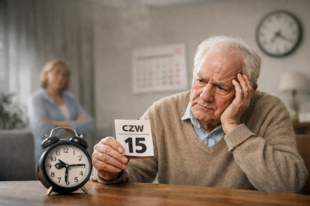 Starszy mężczyzna siedzący przy stole, trzymający kartkę z datą i zegar, wyglądający na zdezorientowanego, w tle opiekunka