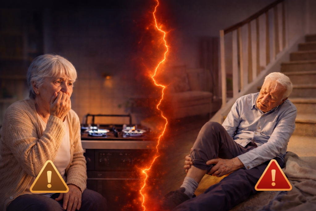 Sytuacje zagrożenia w opiece domowej nad seniorem – starsza kobieta zaniepokojona przy kuchence gazowej oraz starszy mężczyzna po upadku na schodach w domu.