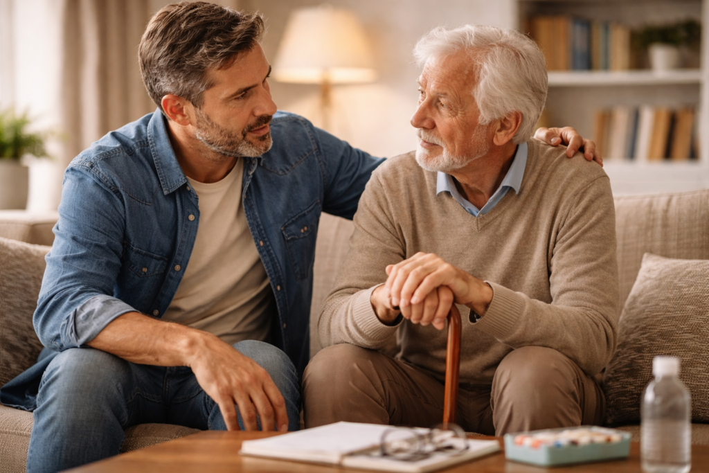 Dorosły syn siedzi obok starszego ojca w domu, rozmawiając z nim i okazując wsparcie podczas codziennej rozmowy.