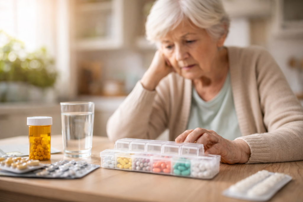 Starsza kobieta siedząca przy stole z organizerem na leki i tabletkami