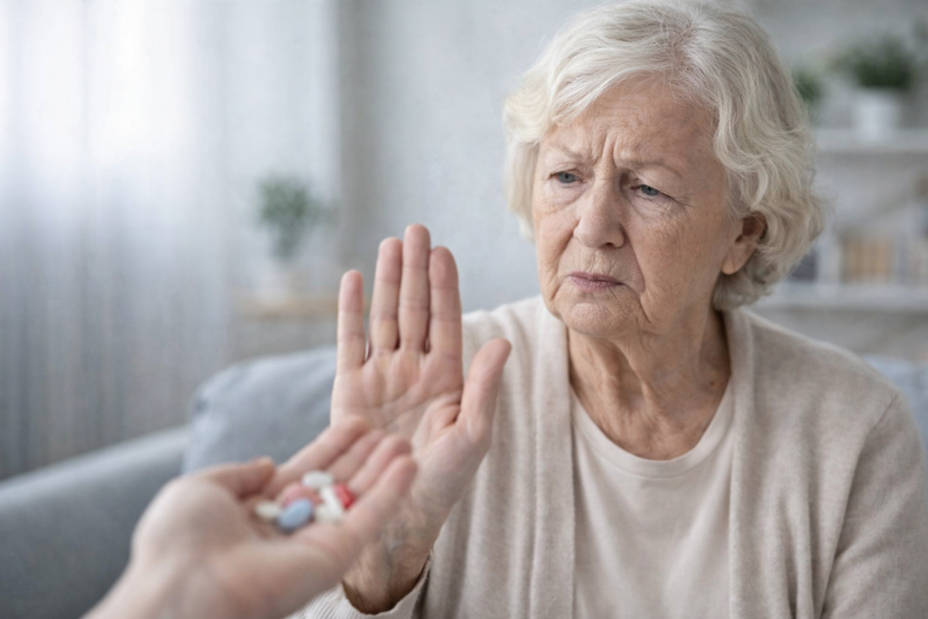 starsza kobieta odmawia przyjęcia leków