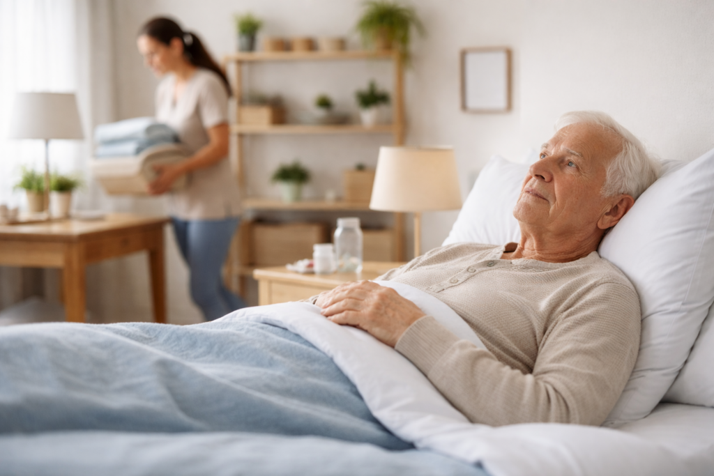 Senior leżący w łóżku w jasnej sypialni, w tle opiekunka wykonująca codzienne obowiązki domowe.