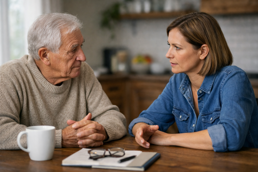 Dorosła córka rozmawia z seniorem przy stole w domu, spokojna rozmowa o wprowadzeniu dodatkowej pomocy.