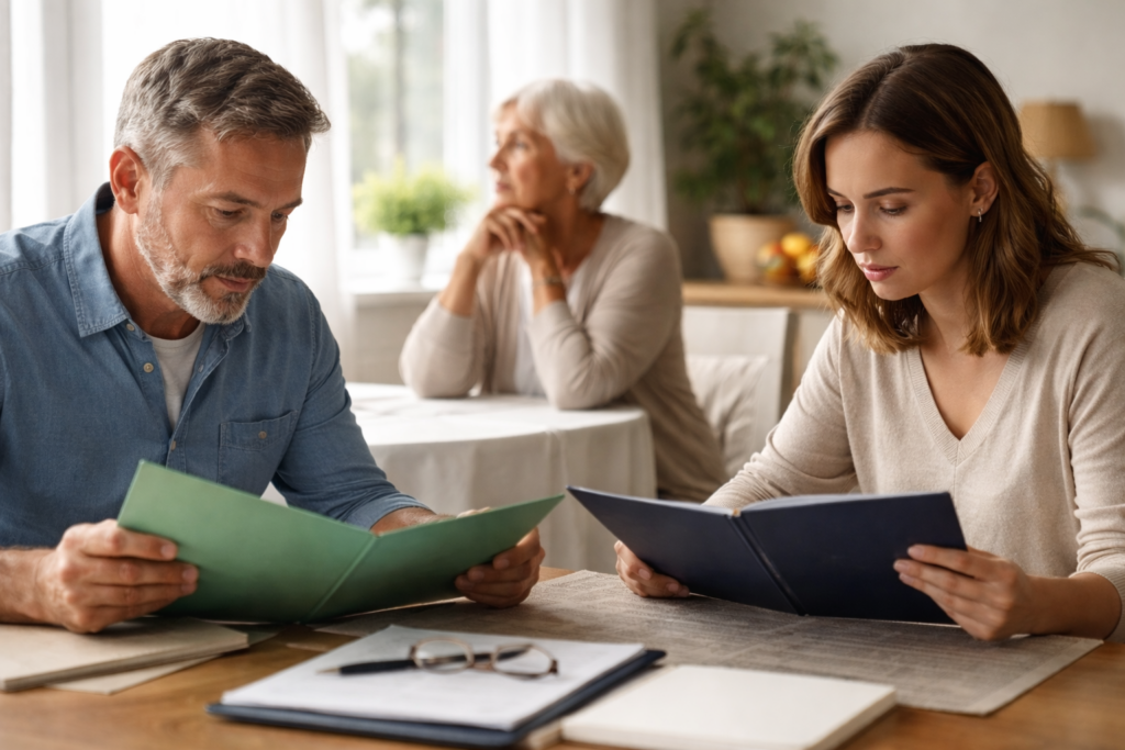 Dorosłe dzieci analizujące dokumenty dotyczące opieki nad seniorem, podczas gdy starsza kobieta siedzi w tle zamyślona przy stole w domu