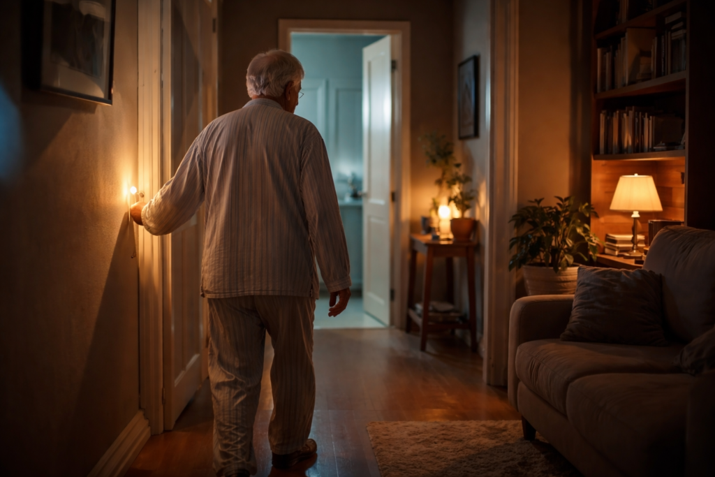 Starszy mężczyzna w piżamie idzie nocą oświetlonym korytarzem w mieszkaniu, w tle widać zapalone światło w łazience i delikatne oświetlenie salonu.