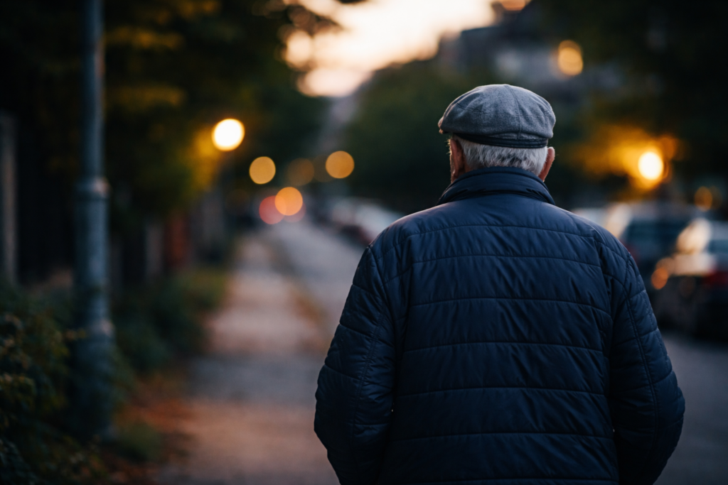 Starszy mężczyzna widziany od tyłu idzie samotnie ulicą o zmroku, temat zagubienia seniora poza domem.
