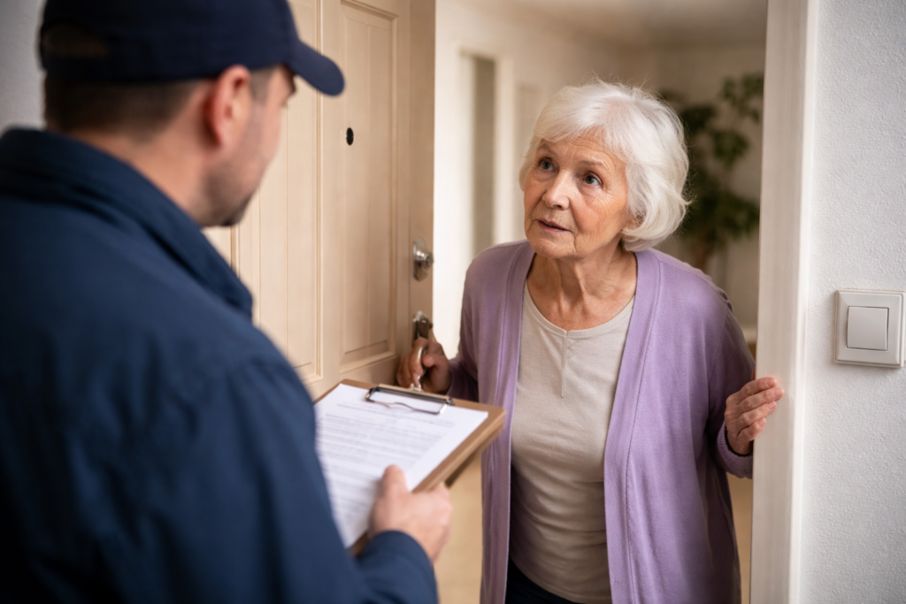 Starsza kobieta stoi w progu swojego mieszkania i rozmawia z nieznanym mężczyzną trzymającym dokumenty, otwierając drzwi z wyraźną ostrożnością.