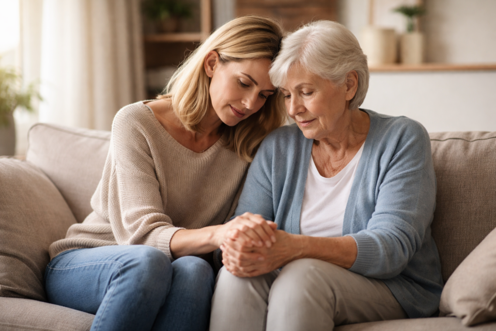 Dorosła córka siedzi obok starszej mamy na kanapie, trzymając ją za rękę w spokojnym, wspierającym geście w domowym wnętrzu.