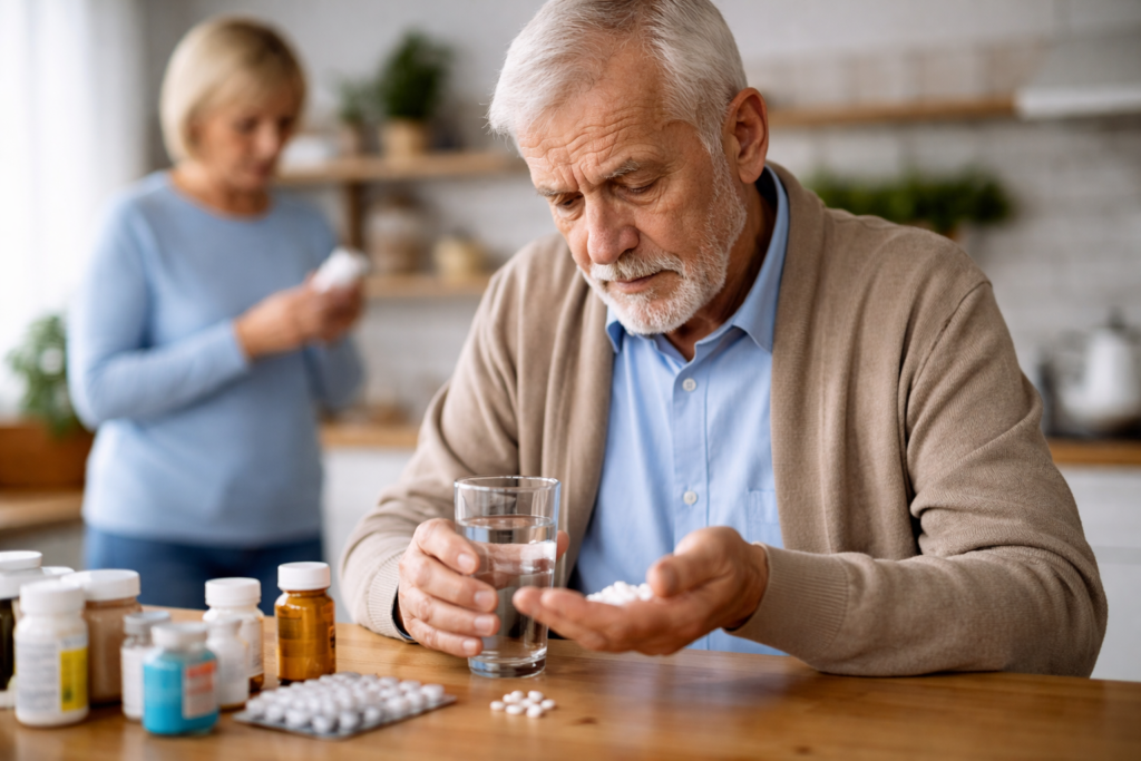 Senior sprawdzający tabletki przy stole – możliwe skutki uboczne leków.