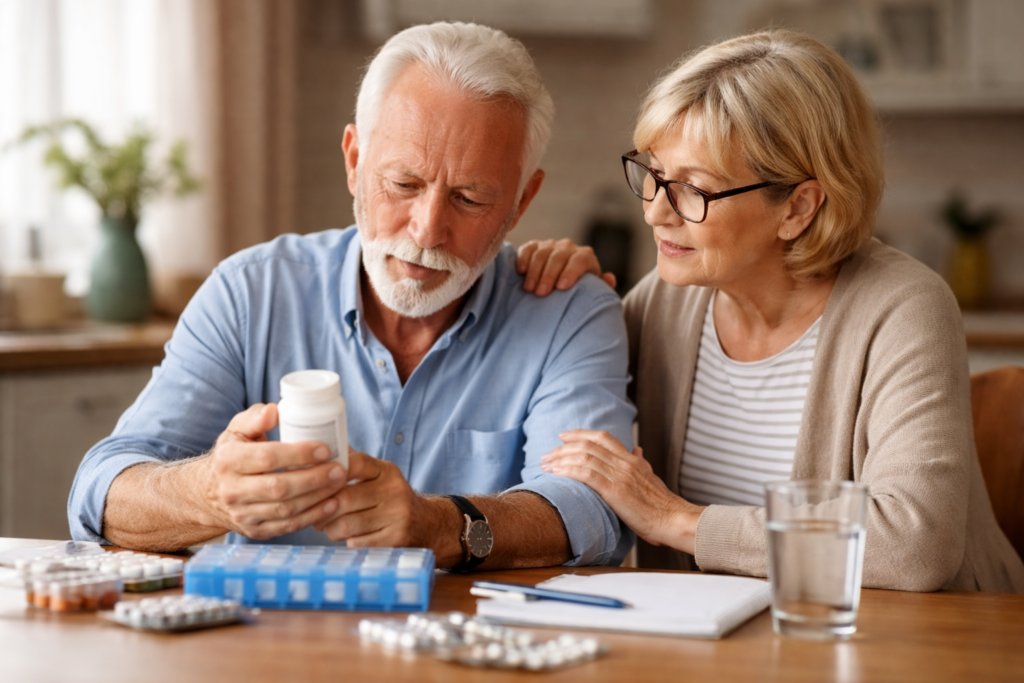 Starsze małżeństwo analizuje leki przy stole w domu