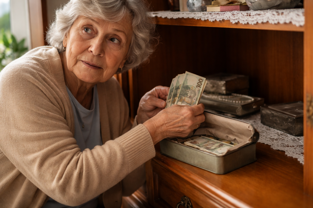 Starsza kobieta odkłada banknoty do metalowego pudełka w szafce, spoglądając ostrożnie w bok w swoim mieszkaniu.