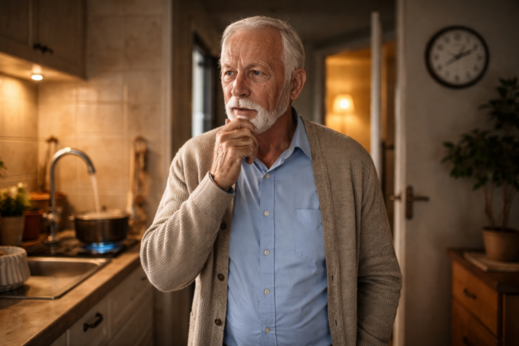 Starszy mężczyzna w domu wygląda na zagubionego, w tle odkręcony kran i włączony gaz – przykład zagrożeń bezpieczeństwa seniora