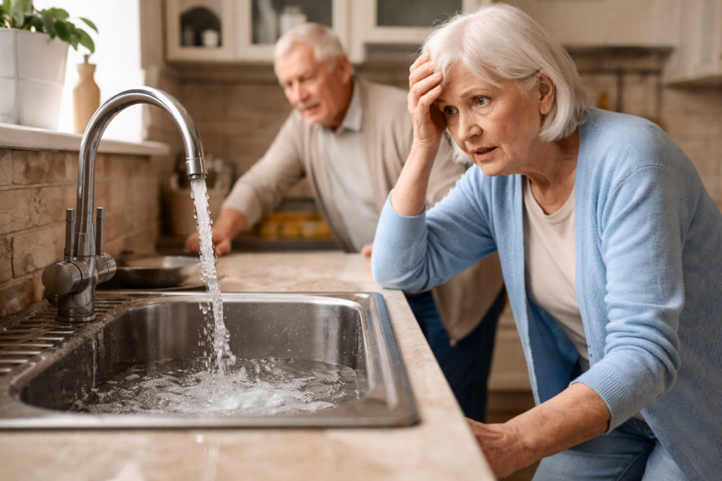 Starsza kobieta stoi przy zlewie z odkręconą wodą i wygląda na zdezorientowaną, obok drugi senior próbuje zareagować – sytuacja pokazująca problem z pamięcią i bezpieczeństwem w domu.