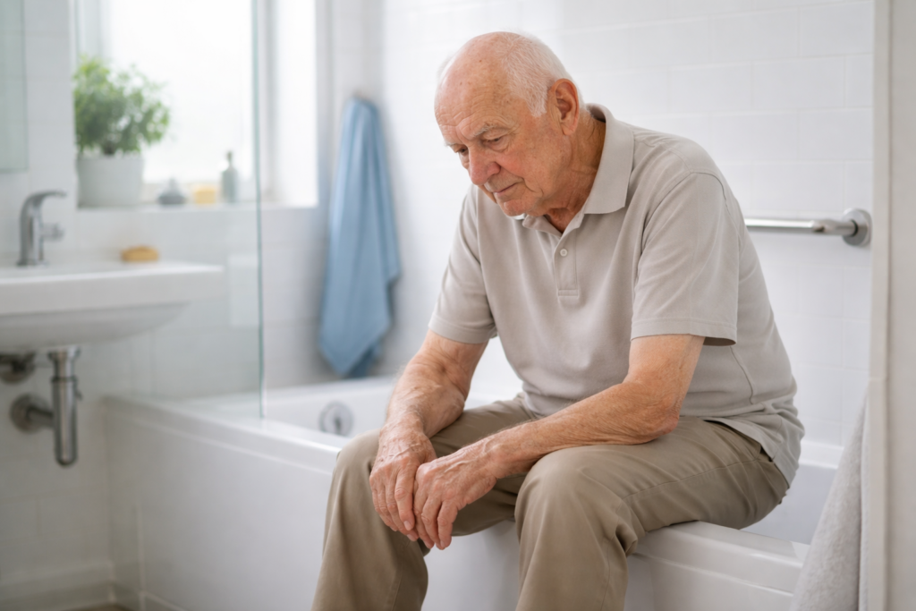 Starszy łysy mężczyzna siedzący na brzegu wanny w łazience, zamyślony i wyraźnie zaniepokojony sytuacją