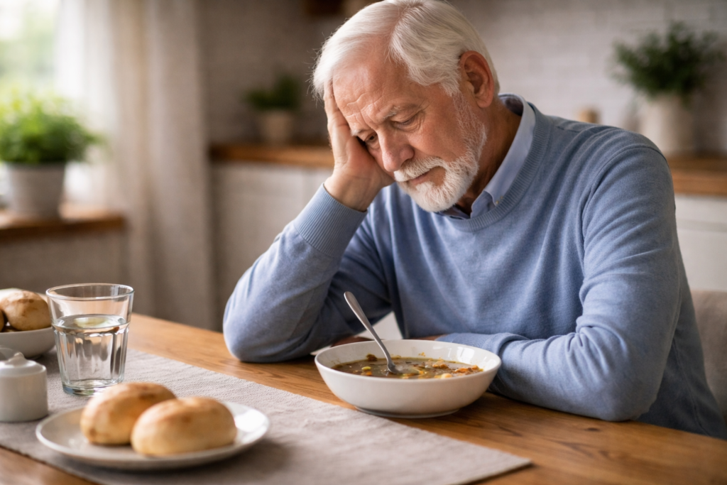starszy mężczyzna siedzi przy stole i nie chce jeść posiłku – problem z apetytem u seniora