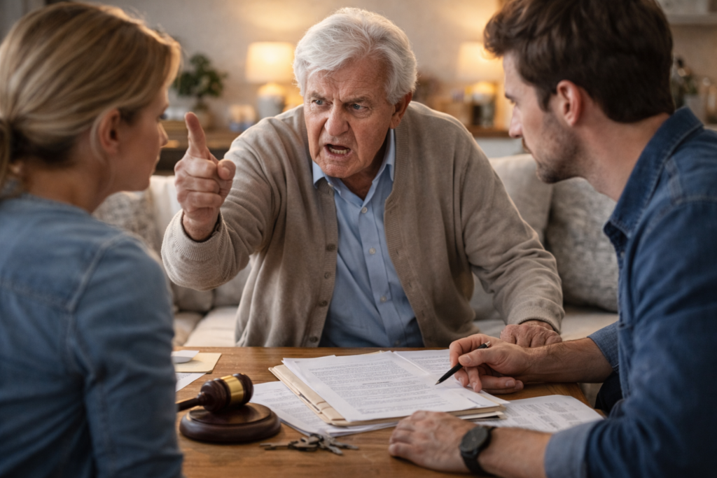 Starszy mężczyzna w trakcie emocjonalnej rozmowy z dorosłymi dziećmi przy stole z dokumentami dotyczącymi decyzji prawnych