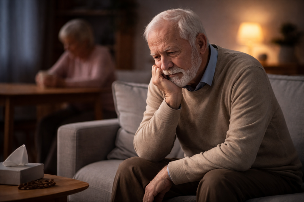 Apatia u seniora – starszy mężczyzna siedzi wieczorem zamyślony i wycofany w domu