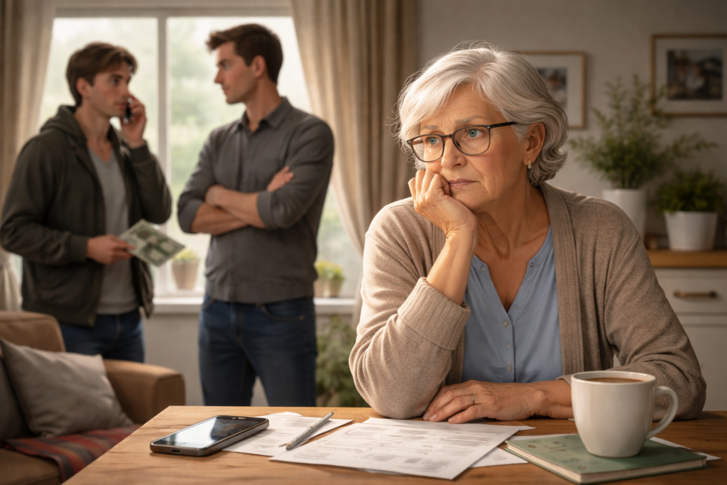 Seniorka z dokumentami i telefonem przy stole, w tle rozmowa o pieniądzach – symbol manipulacji finansowej wobec seniora.
