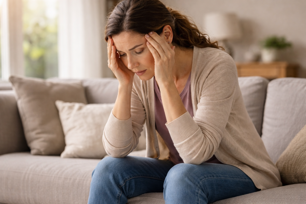 Zmęczona opiekunka osoby starszej siedzi na kanapie i trzyma głowę w dłoniach.