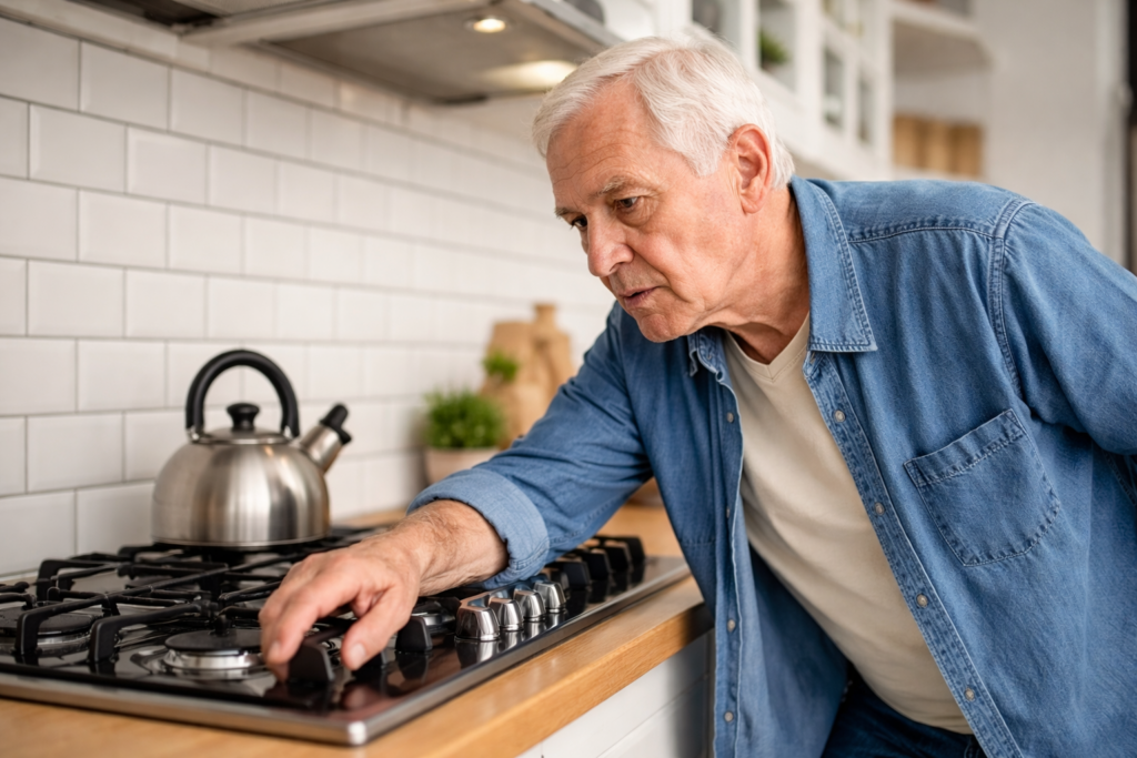 Starszy mężczyzna sprawdza kuchenkę gazową w domu – ryzyko pozostawienia włączonego gazu