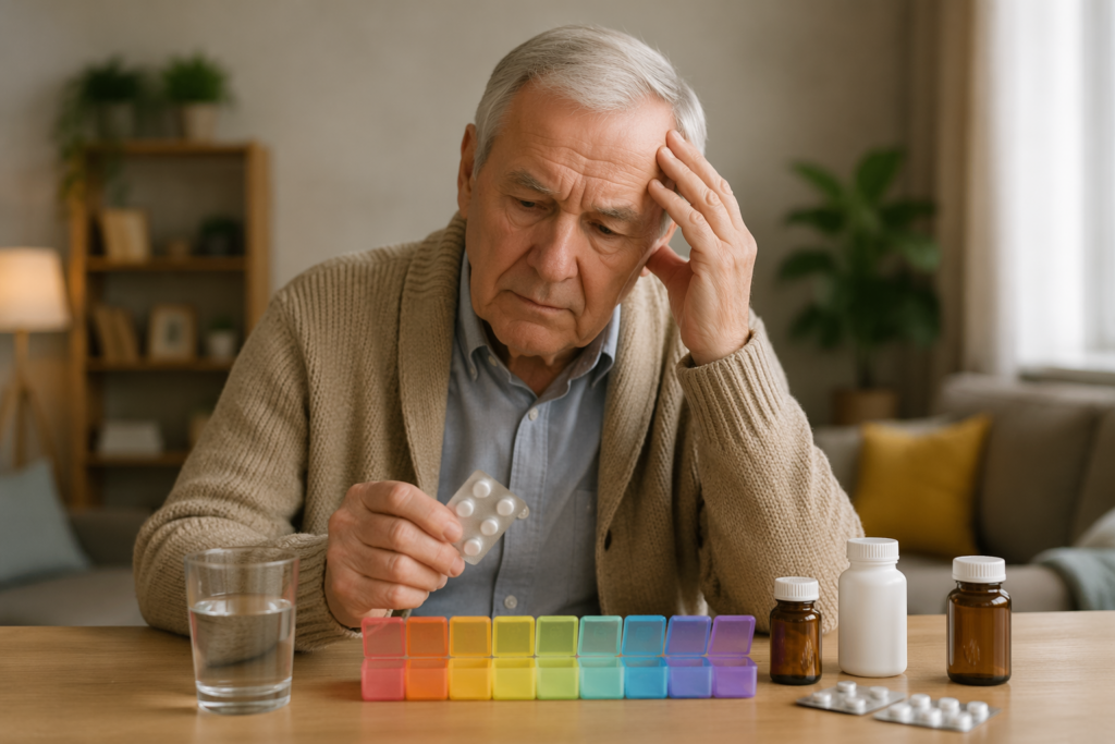 Starszy mężczyzna z lekami w domu.