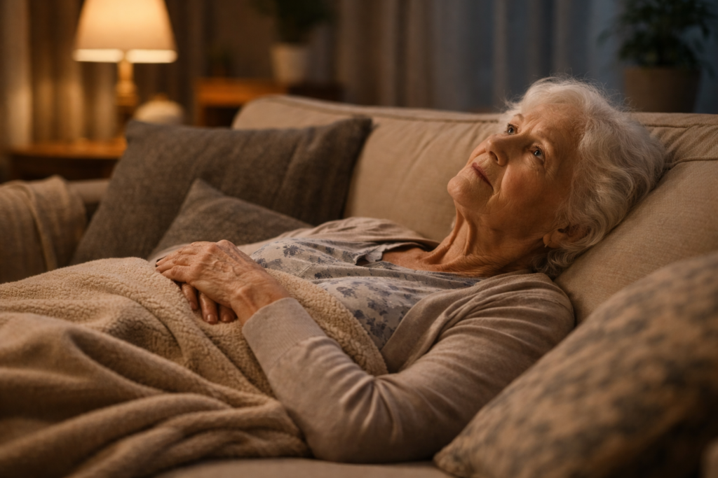 Starsza kobieta leżąca wieczorem na kanapie, patrząca w sufit w zamyśleniu, półmrok w salonie
