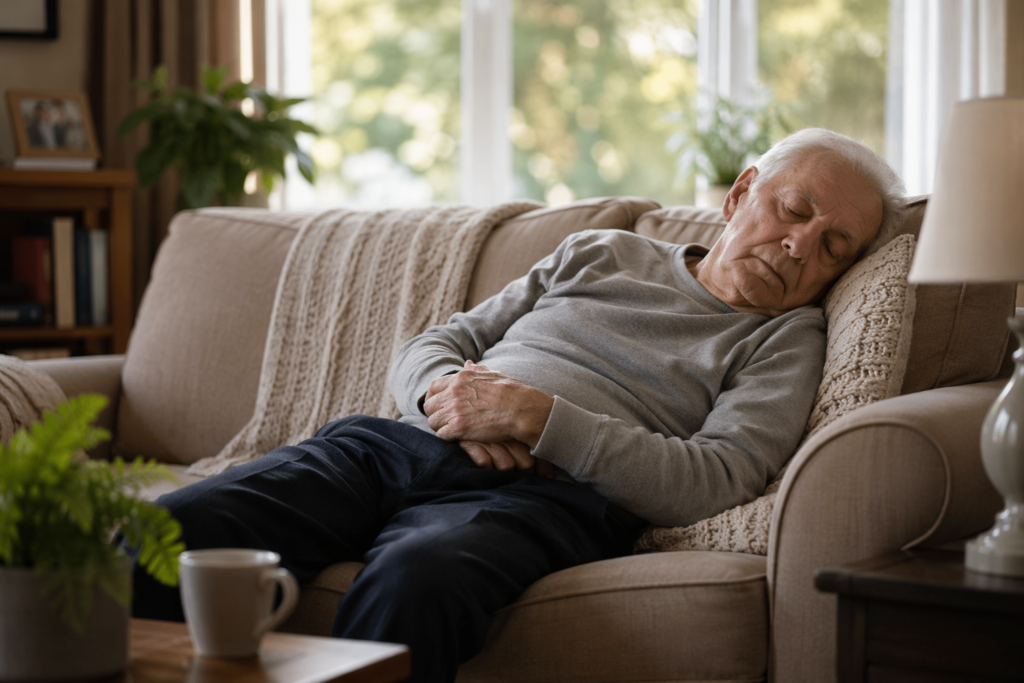 Starszy mężczyzna śpiący na kanapie w jasnym salonie, spokojna domowa atmosfera, światło dzienne wpadające przez okno