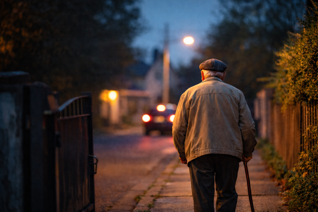 Starszy mężczyzna wychodzi samotnie z domu i idzie ulicą o zmierzchu, widok od tyłu, spokojna okolica mieszkalna