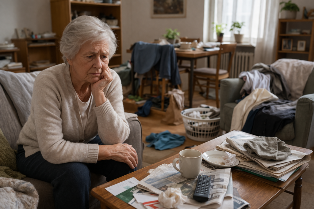 Senior przestaje dbać o porządek w domu – starsza kobieta w nieuporządkowanym mieszkaniu, oznaki pogorszenia codziennego funkcjonowania