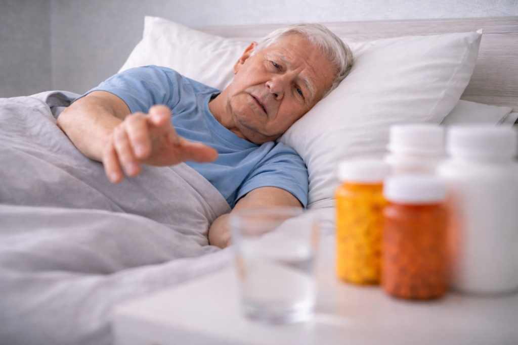 Starszy mężczyzna leży w łóżku i sięga ręką w stronę leków stojących na stoliku nocnym