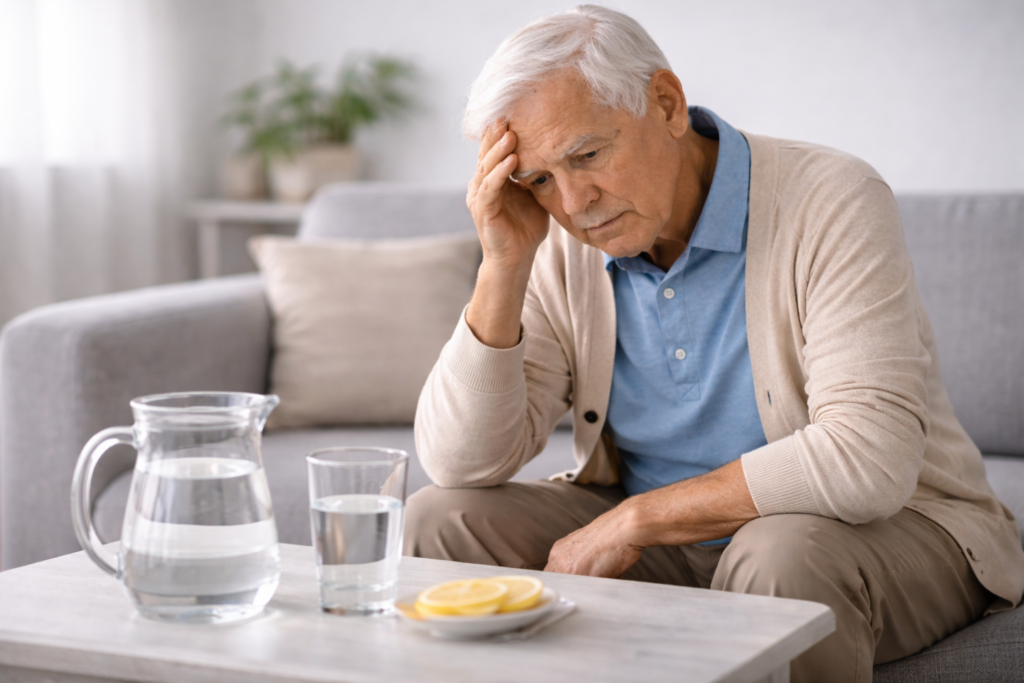senior nie pije wody – starszy mężczyzna siedzi przy szklance wody i wygląda na osłabionego