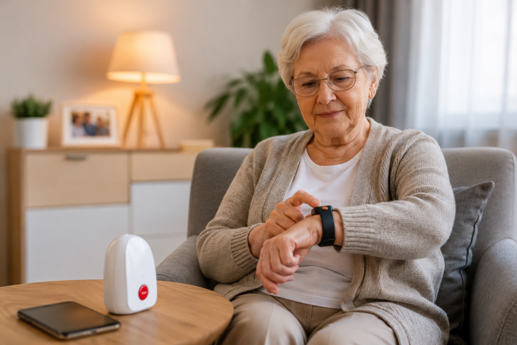 Seniorka sprawdza opaskę SOS w domu, obok telefonu i przycisku alarmowego na stoliku
